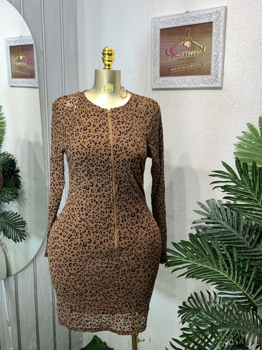 Leopard Print Zipper Front Bodycon Mini Dress