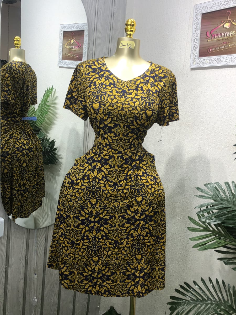 Navy & Gold Botanical Print V-Neck Short Sleeve Dress