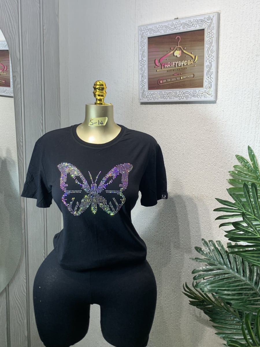 Black Rhinestone Butterfly Tee & Biker Shorts Set