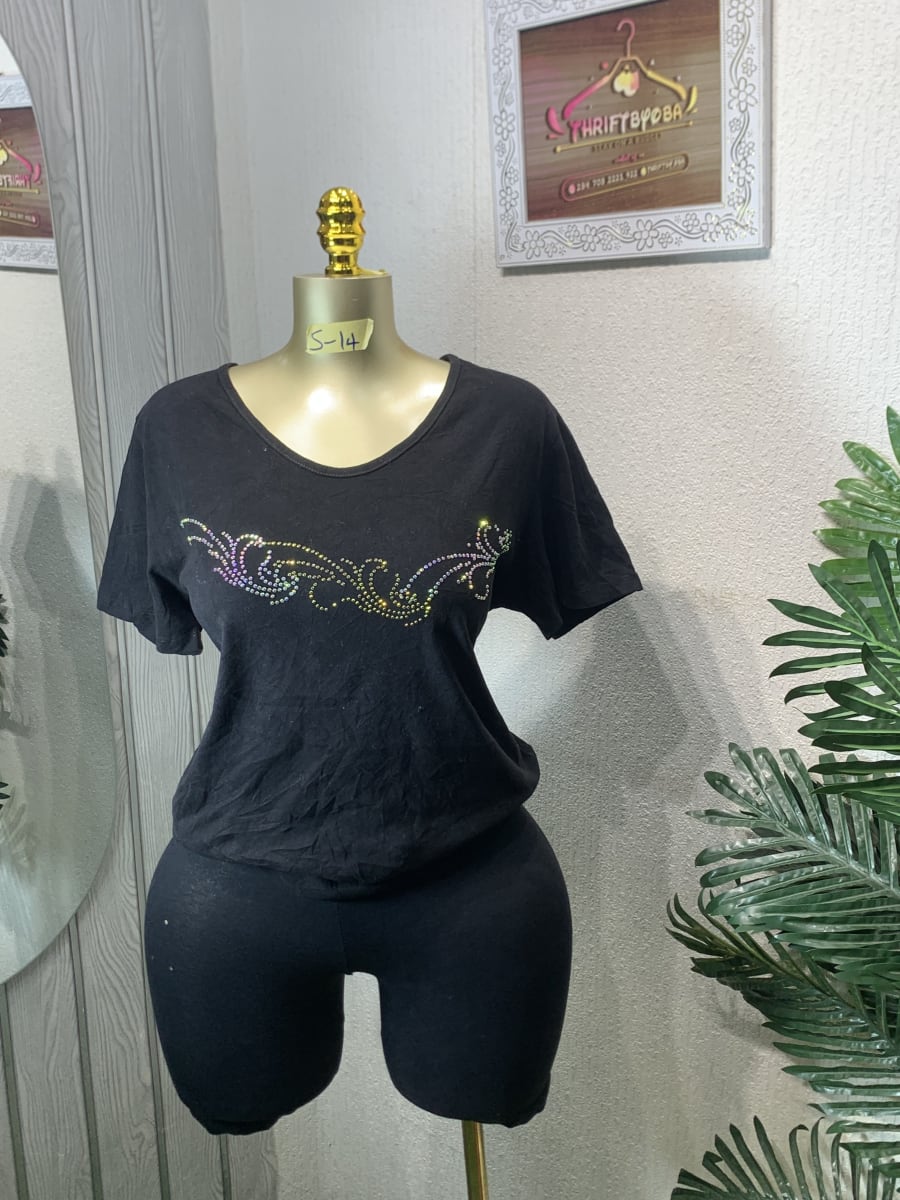 Women's Black Rhinestone Embellished Short Sleeve Top