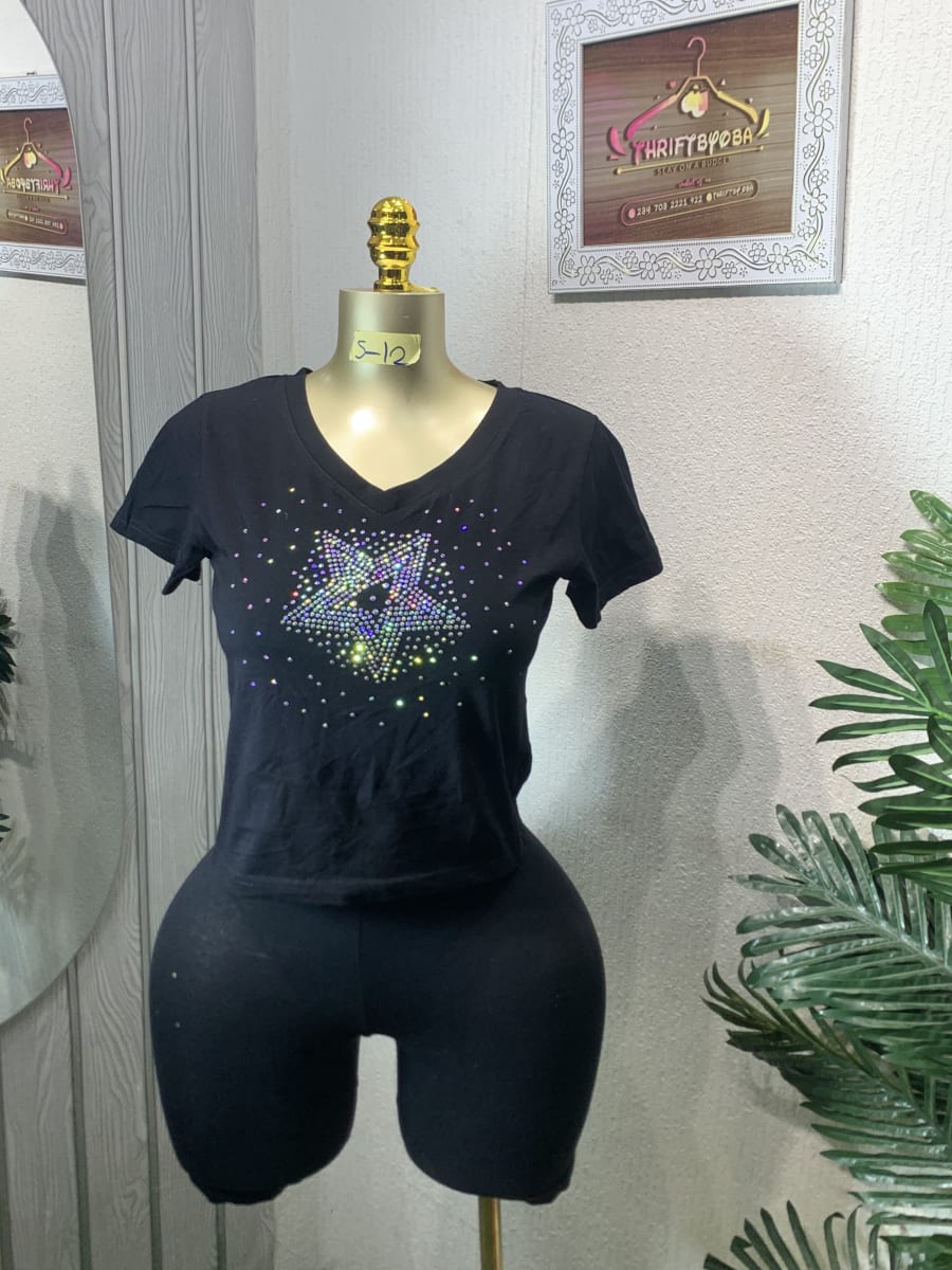 Black Rhinestone Star V-Neck Top & Biker Shorts Set