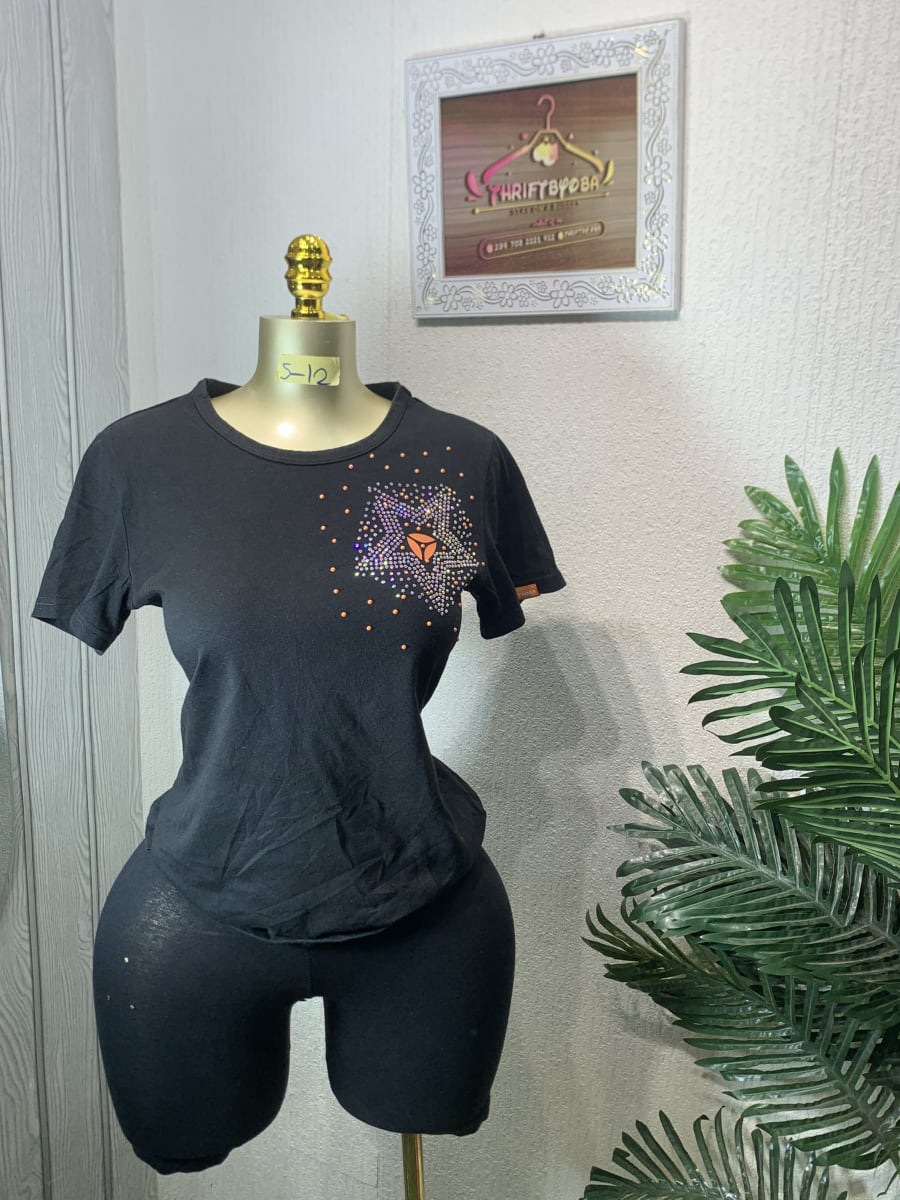 Women's Black Rhinestone Star Embellished T-Shirt