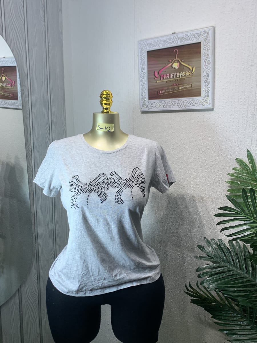 Women's Grey Rhinestone Bow Short Sleeve T-Shirt