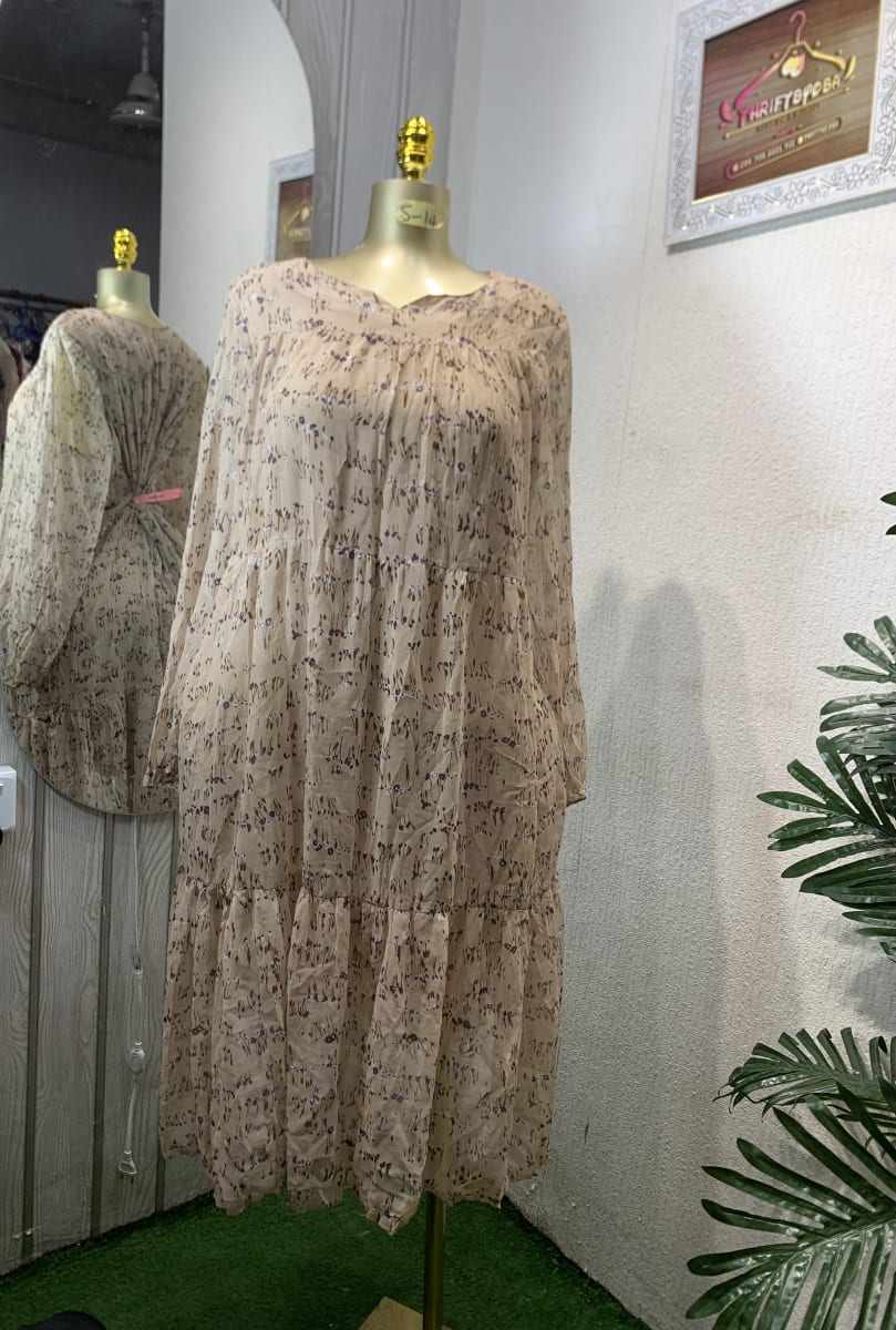 Beige Floral Tiered Midi Dress - Flowy & Relaxed