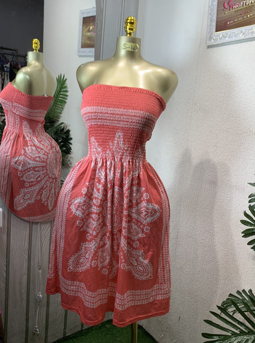 Coral Smocked Strapless Paisley Print Mini Dress