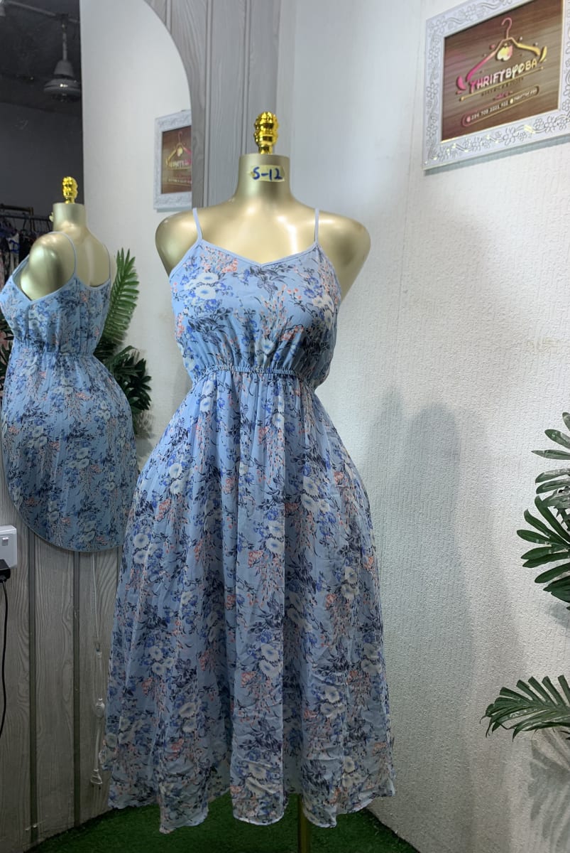 Blue Floral Smocked Midi Dress - Spaghetti Strap