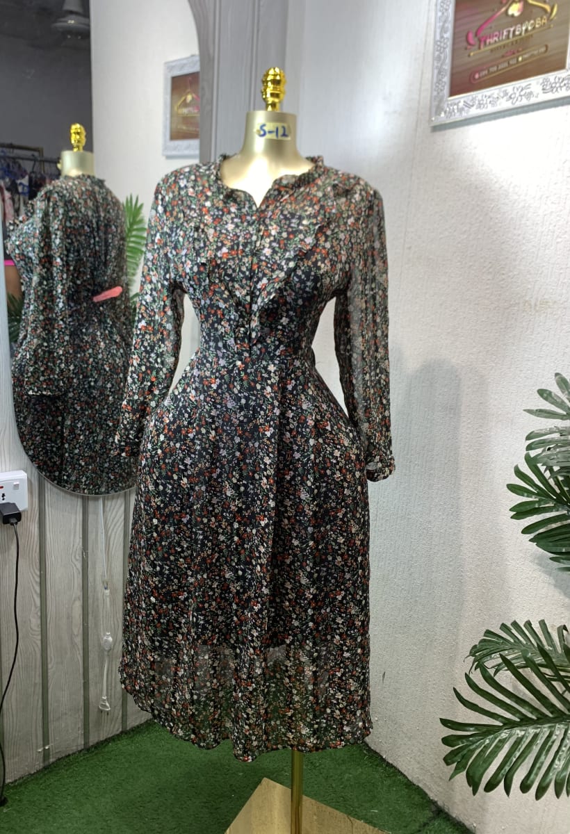 Women's Floral Ruffle Neck Long Sleeve Midi Dress