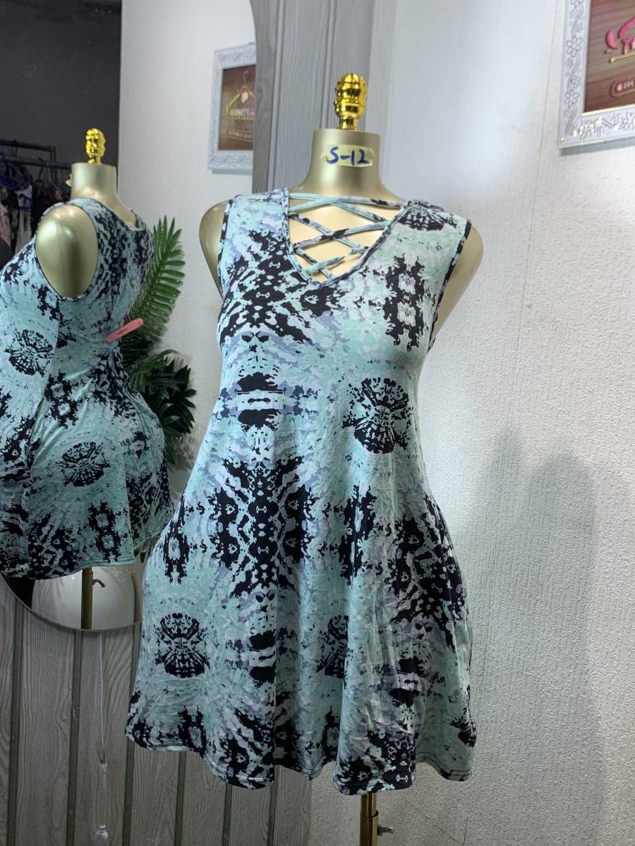 Mint Tie-Dye Criss-Cross V-Neck Sleeveless Mini Dress