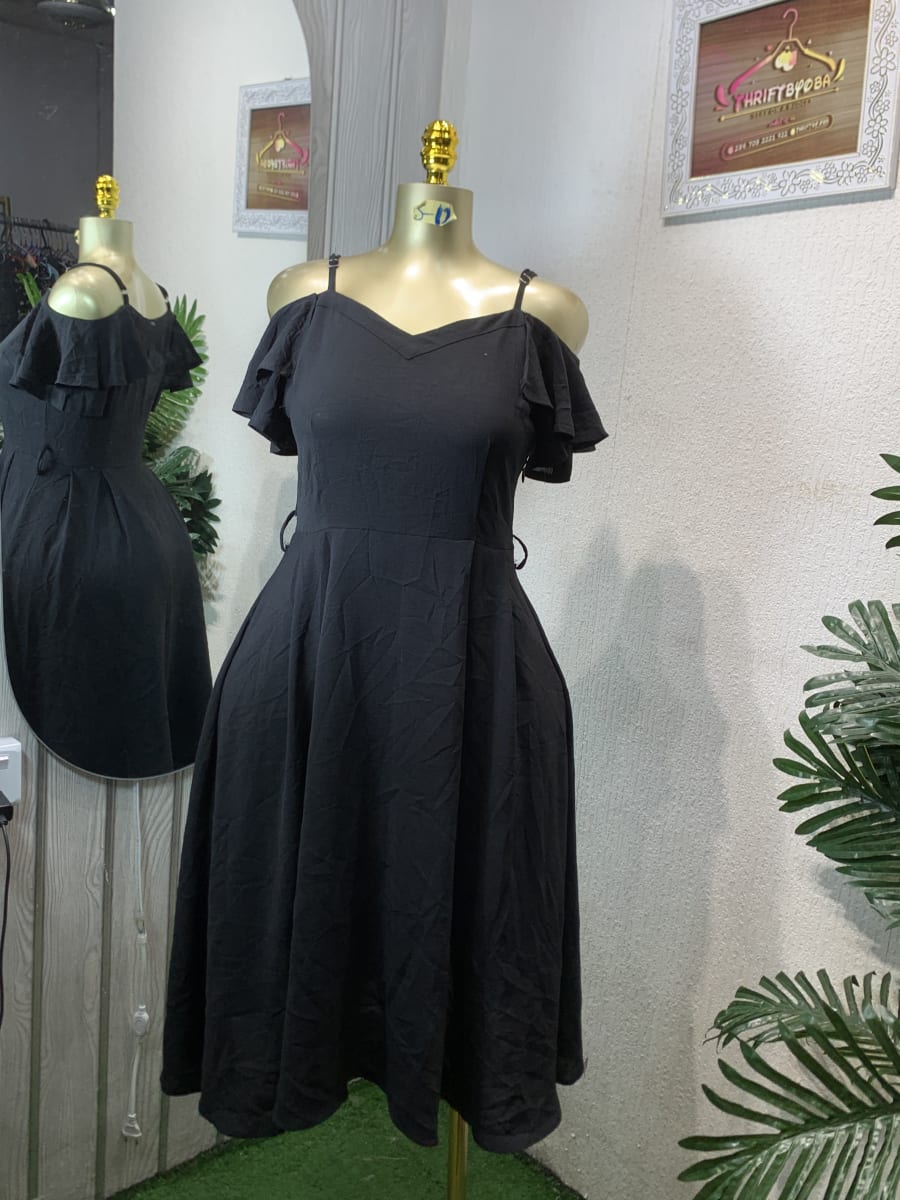 Chic Black Ruffled Off-Shoulder V-Neck Midi Dress