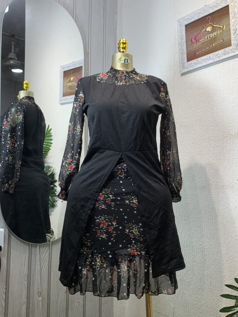 Black Floral Sheer Sleeve Layered Mini Dress