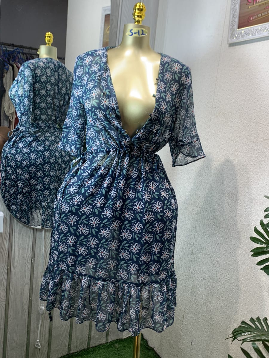 Floral Chiffon V-Neck Ruffle Hem Mini Dress - Navy Blue