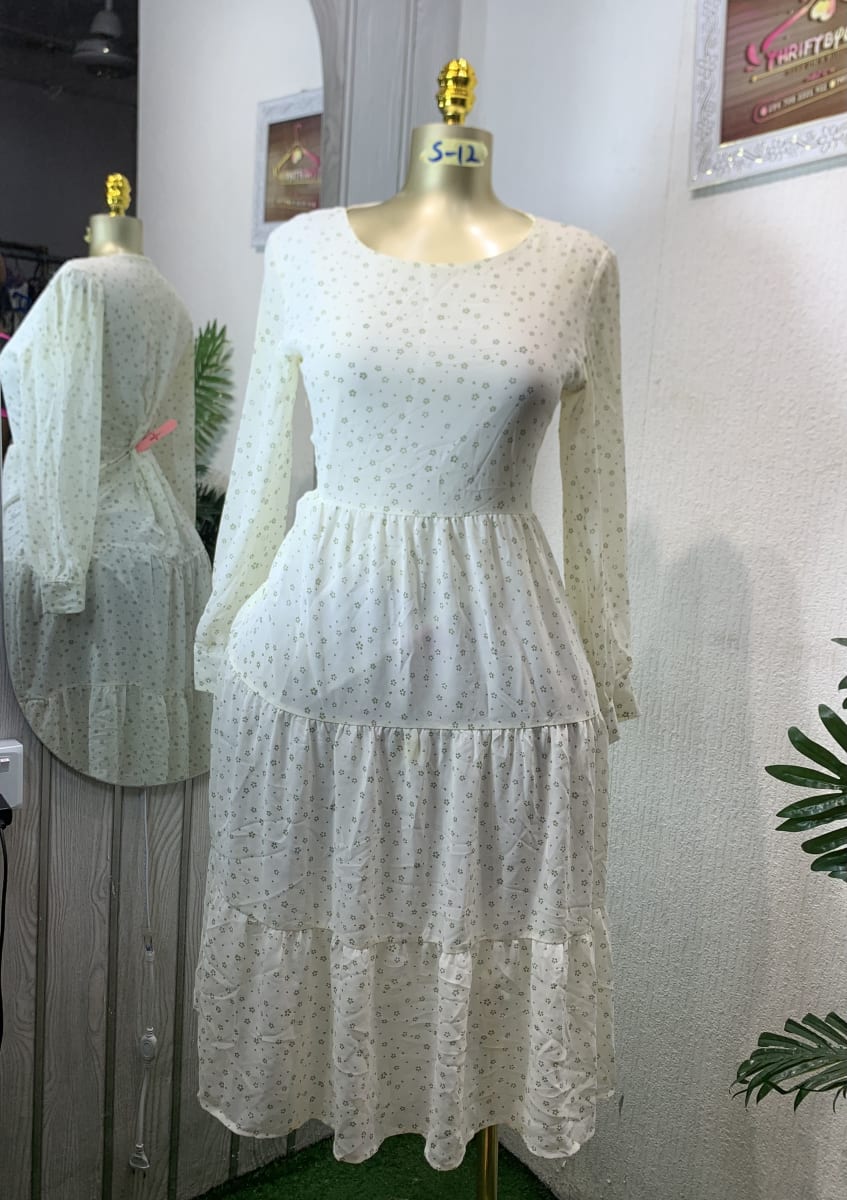 Elegant Floral Dot Long Sleeve Tiered Midi Dress