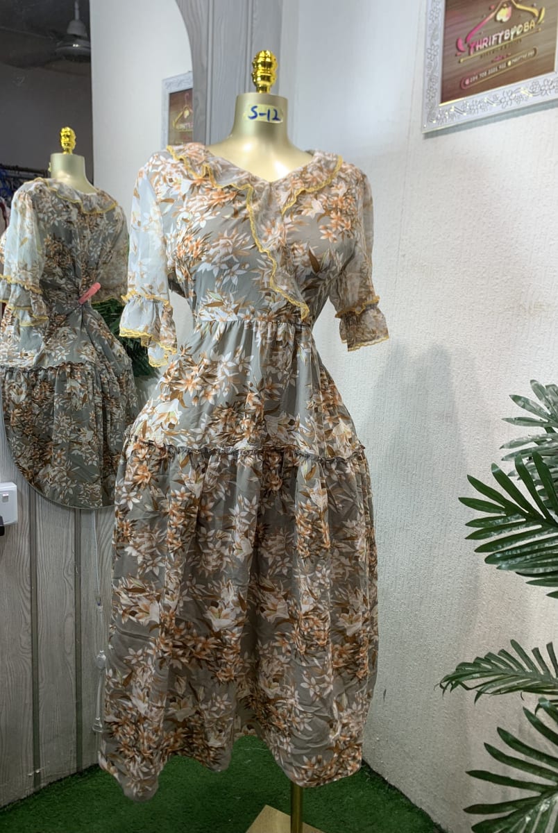 Boho Floral Ruffle Midi Dress - Sage & Orange Print