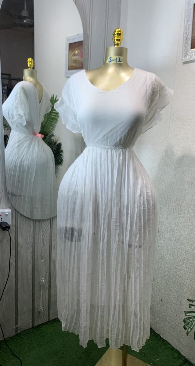 Women's White Pleated Midi Dress | Flutter Sleeve Summer