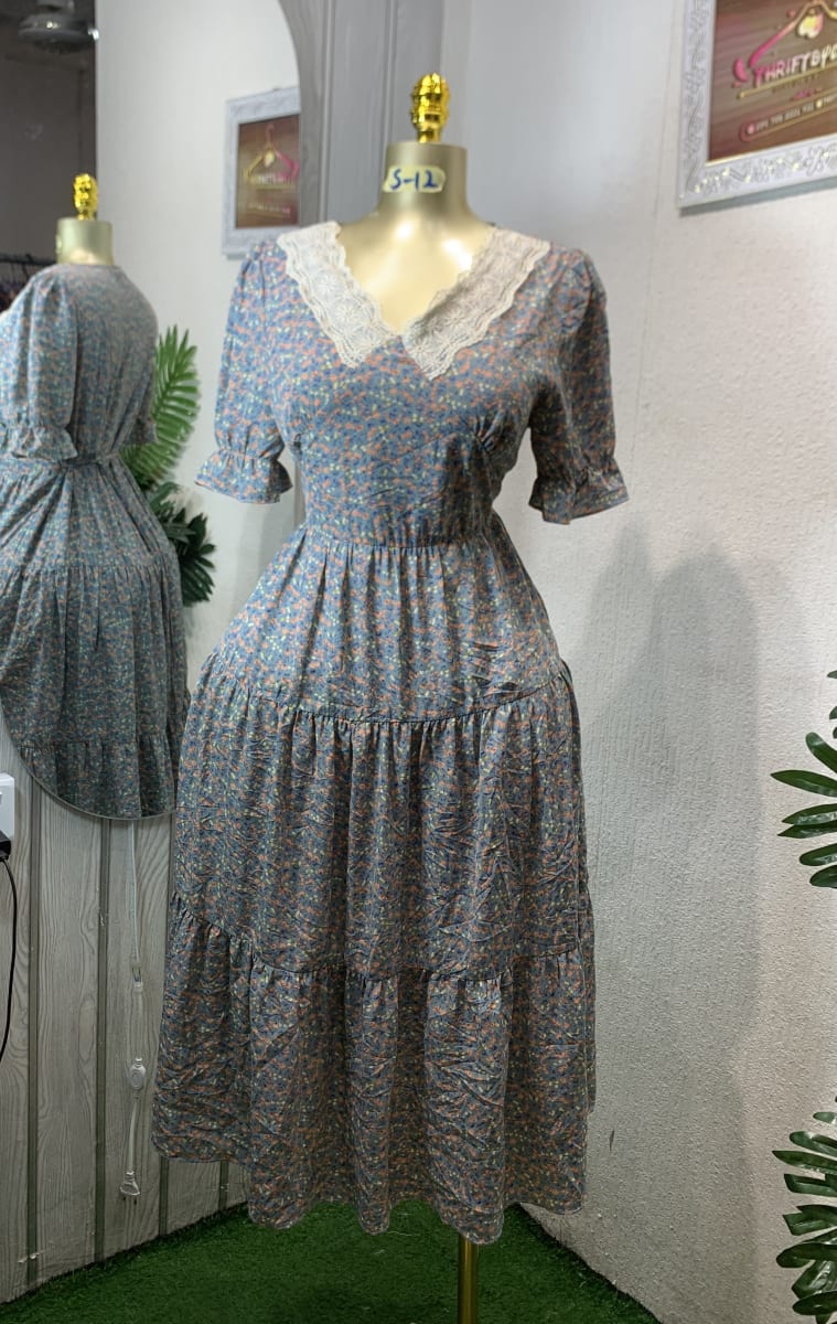 Cottagecore Floral Tiered Midi Dress - Lace V-Neck