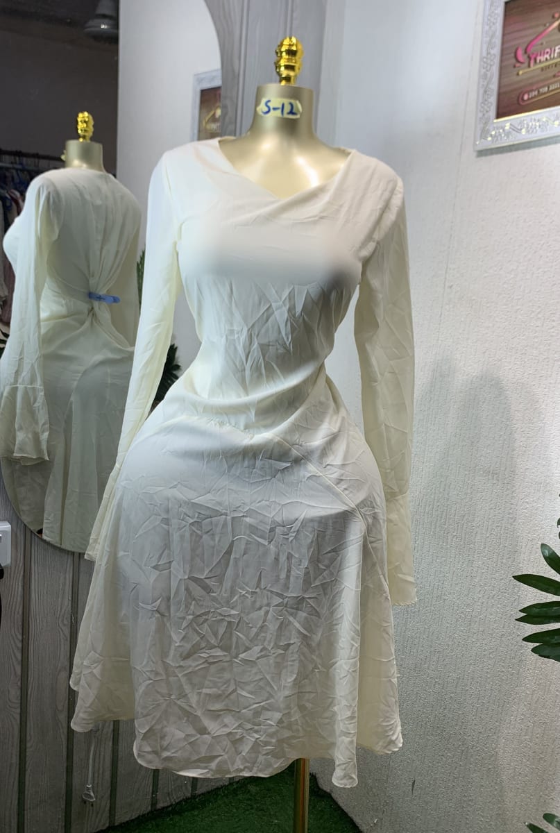 Cream Long Sleeve Flowy Dress with Draped Neck