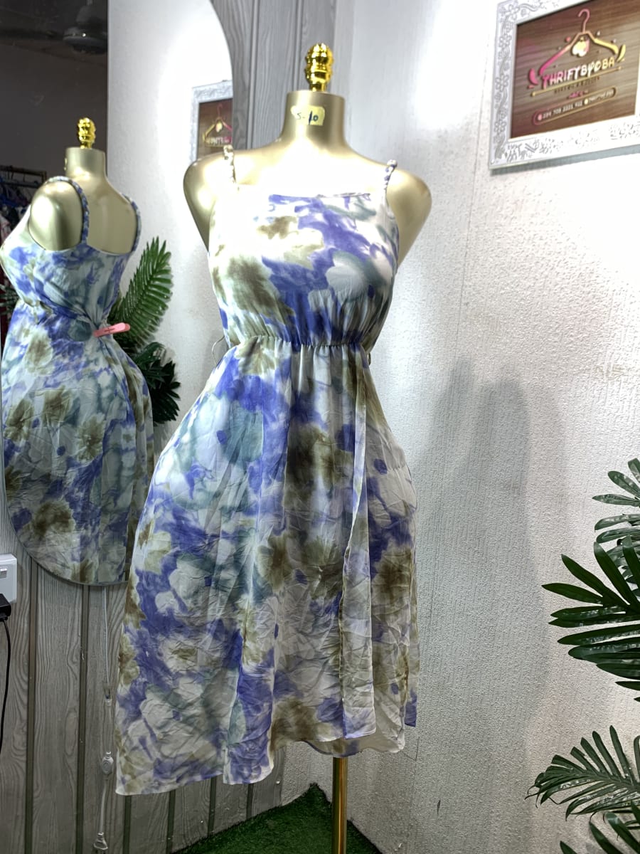 Blue Green Tie-Dye Summer Flowy Mini Dress