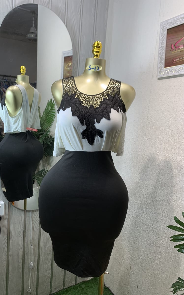 Elegant Black & White Lace Appliqué Bodycon Dress