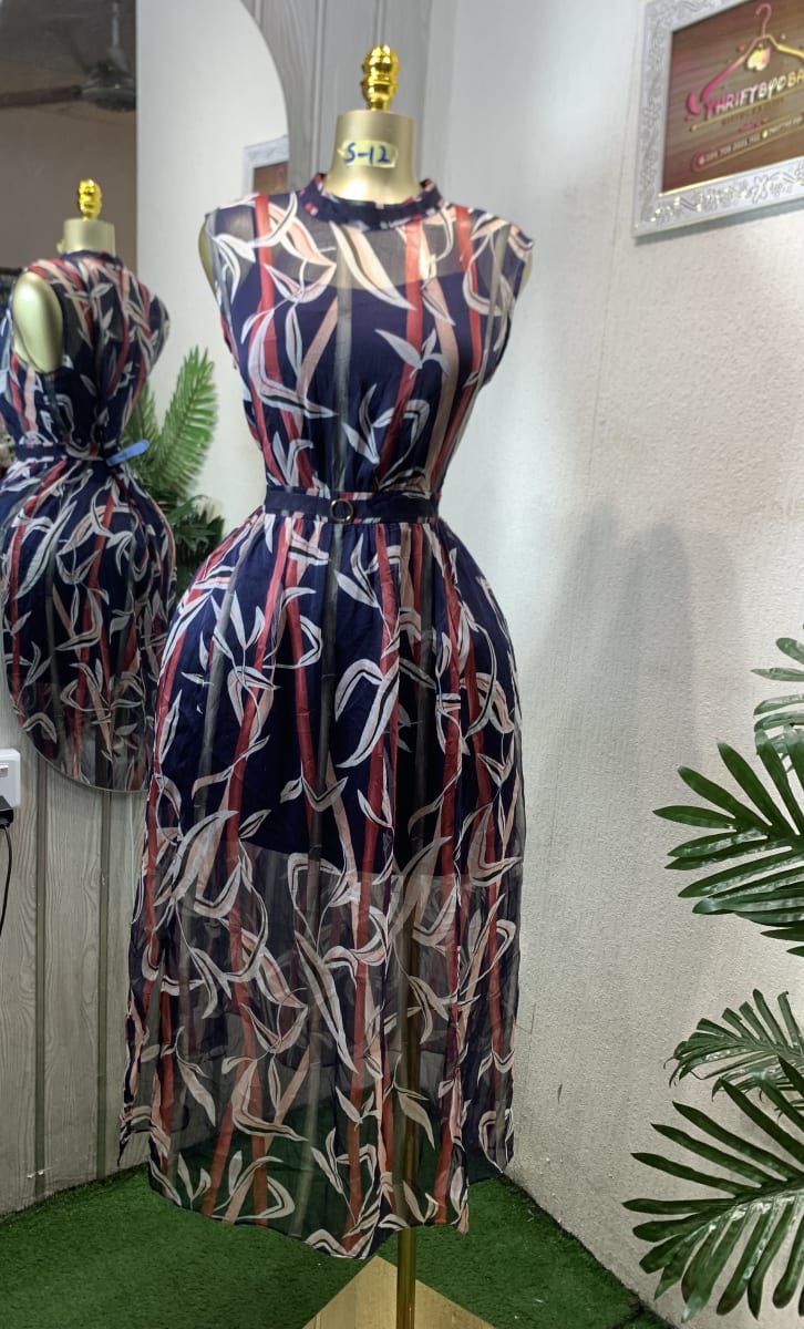 Chic Navy Abstract Print Mock Neck Midi Dress