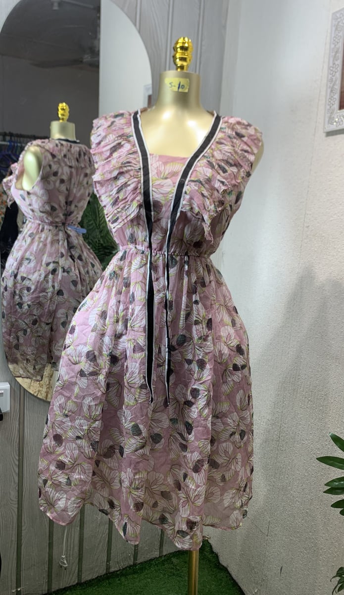 Pink Floral Ruffled Midi Dress with Drawstring Front