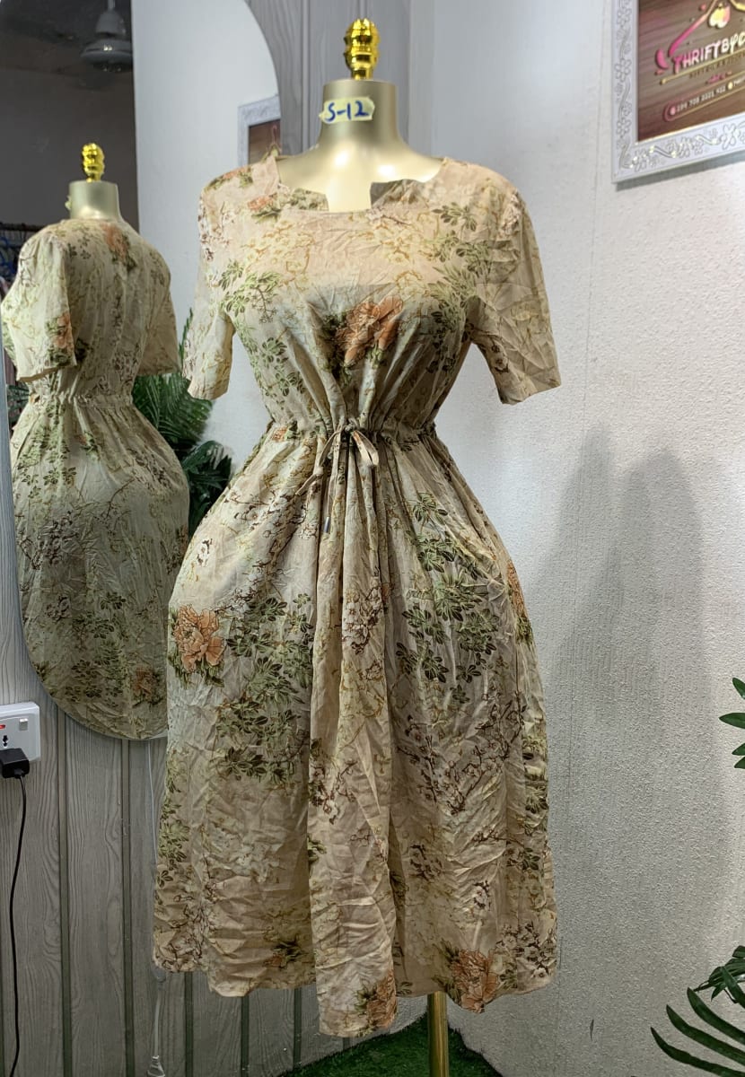 Beige Floral Print Drawstring Waist Summer Dress