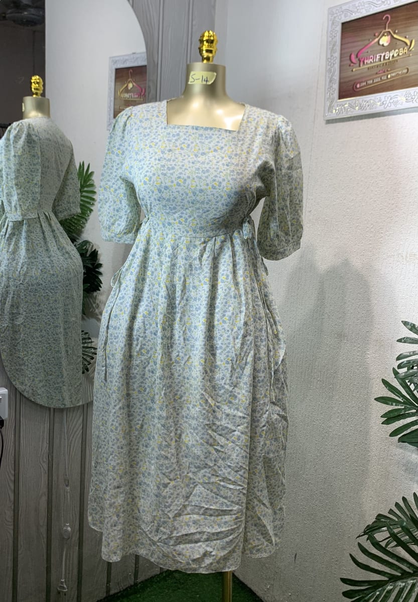 Light Blue Floral Square Neck Puff Sleeve Midi Dress