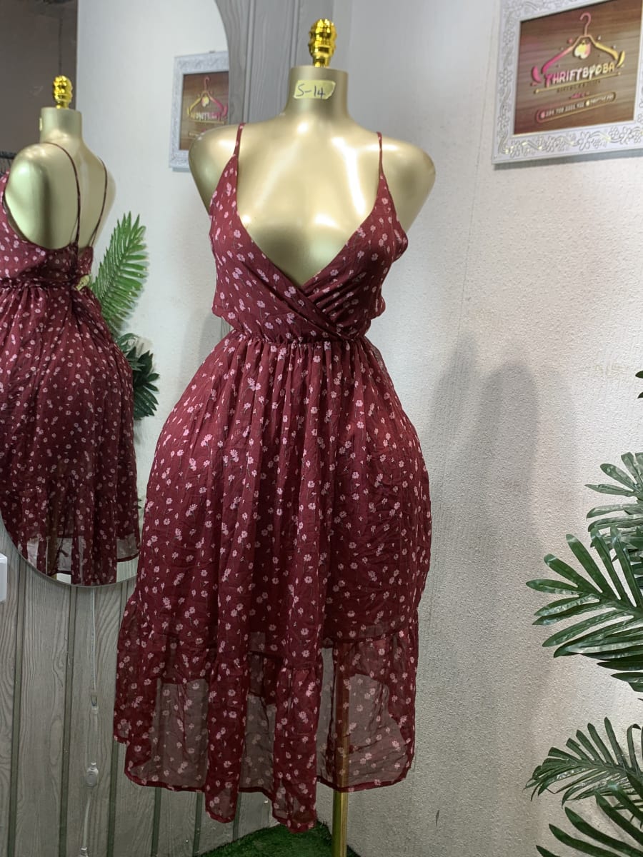 Burgundy Floral V-Neck Cami Dress - Flowy Midi