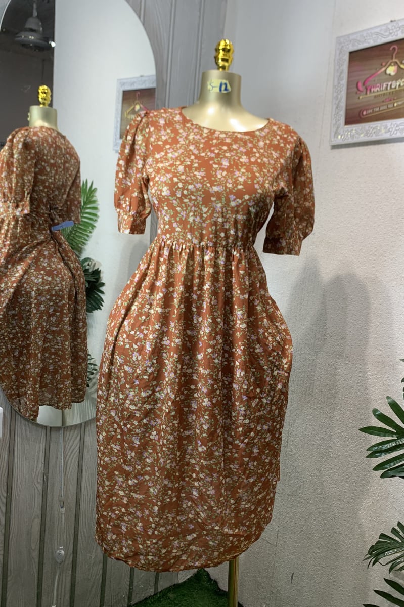 Women's Rust Floral Puff Sleeve Midi Dress