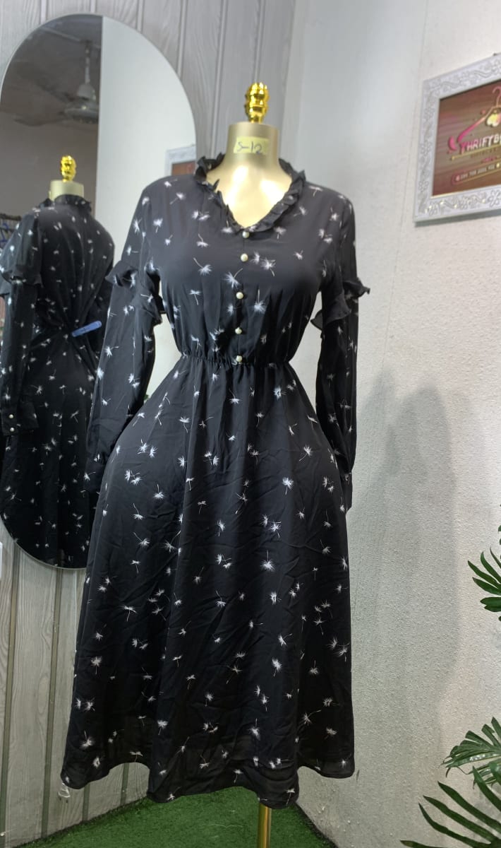 Black Dandelion Print Ruffle Neck Midi Dress