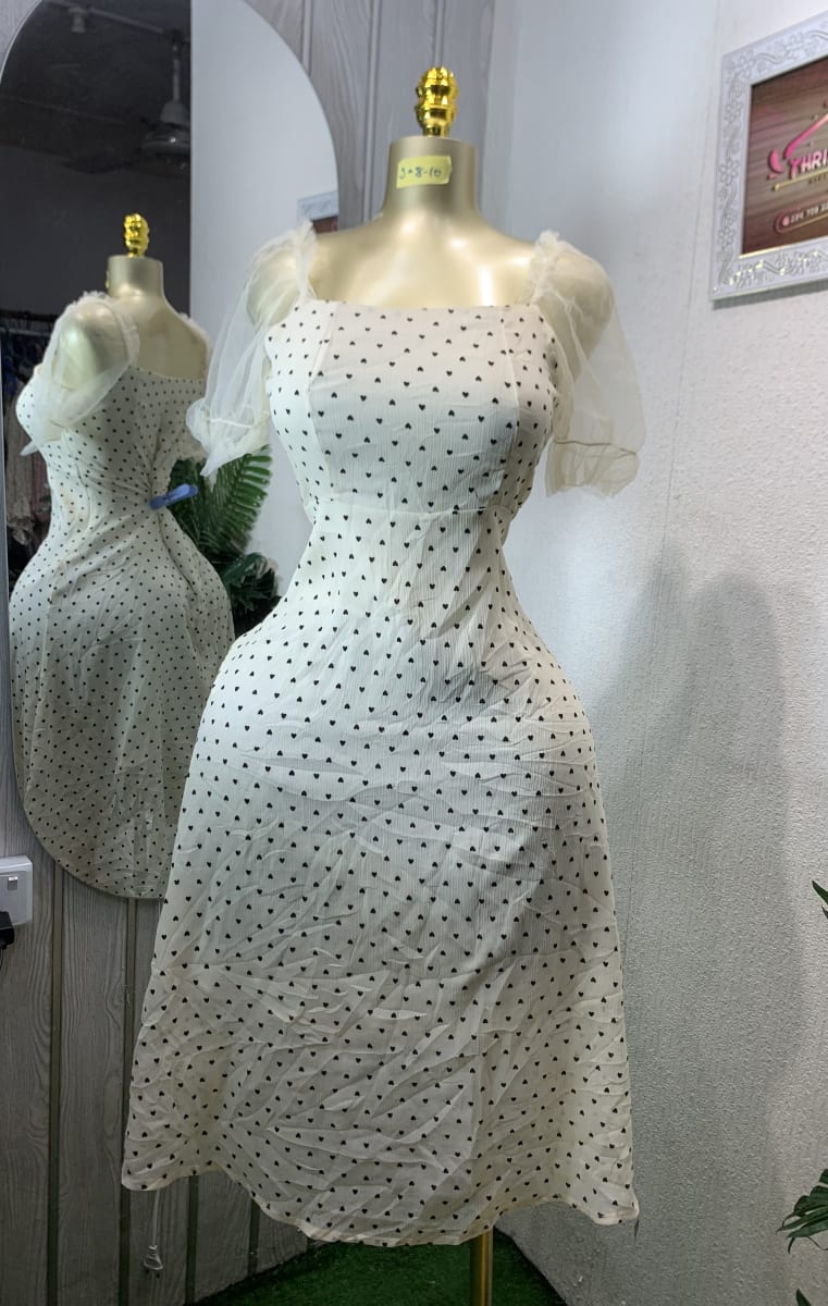 Cream Heart Print Square Neck Puff Sleeve Midi Dress