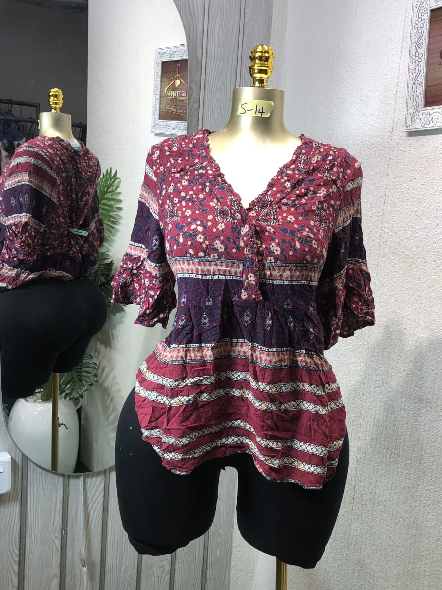 Maroon Mixed Print Boho V-Neck Blouse Ruffle Sleeves