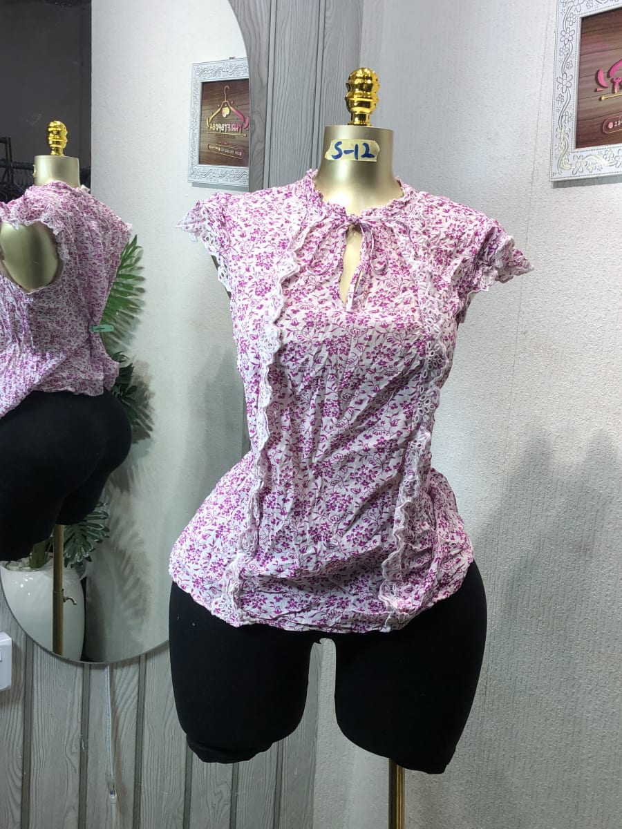 Women's Floral Ruffle Tie-Neck Blouse - Purple Print