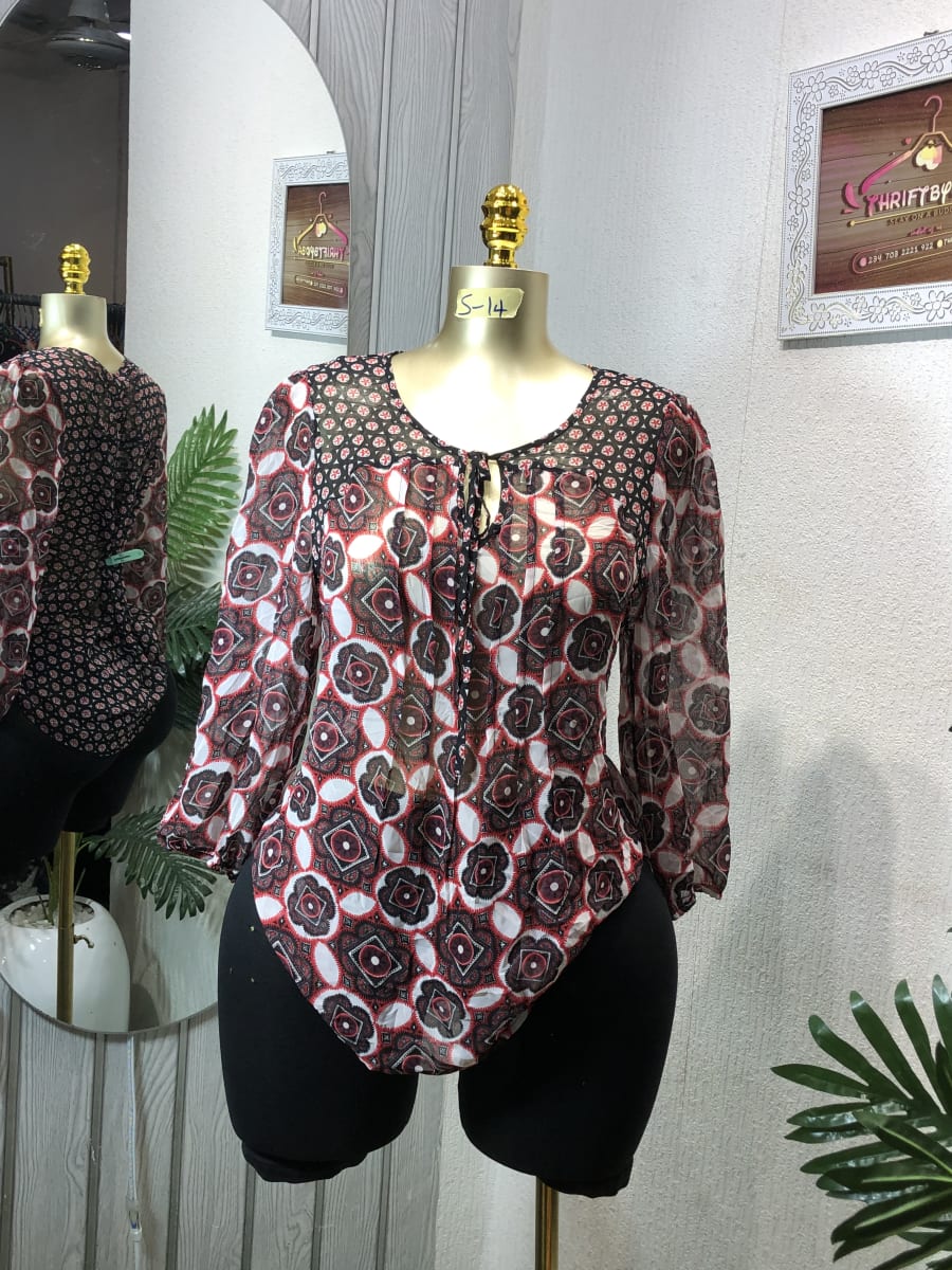 Women's Boho Geometric Print Tie-Neck Sheer Blouse