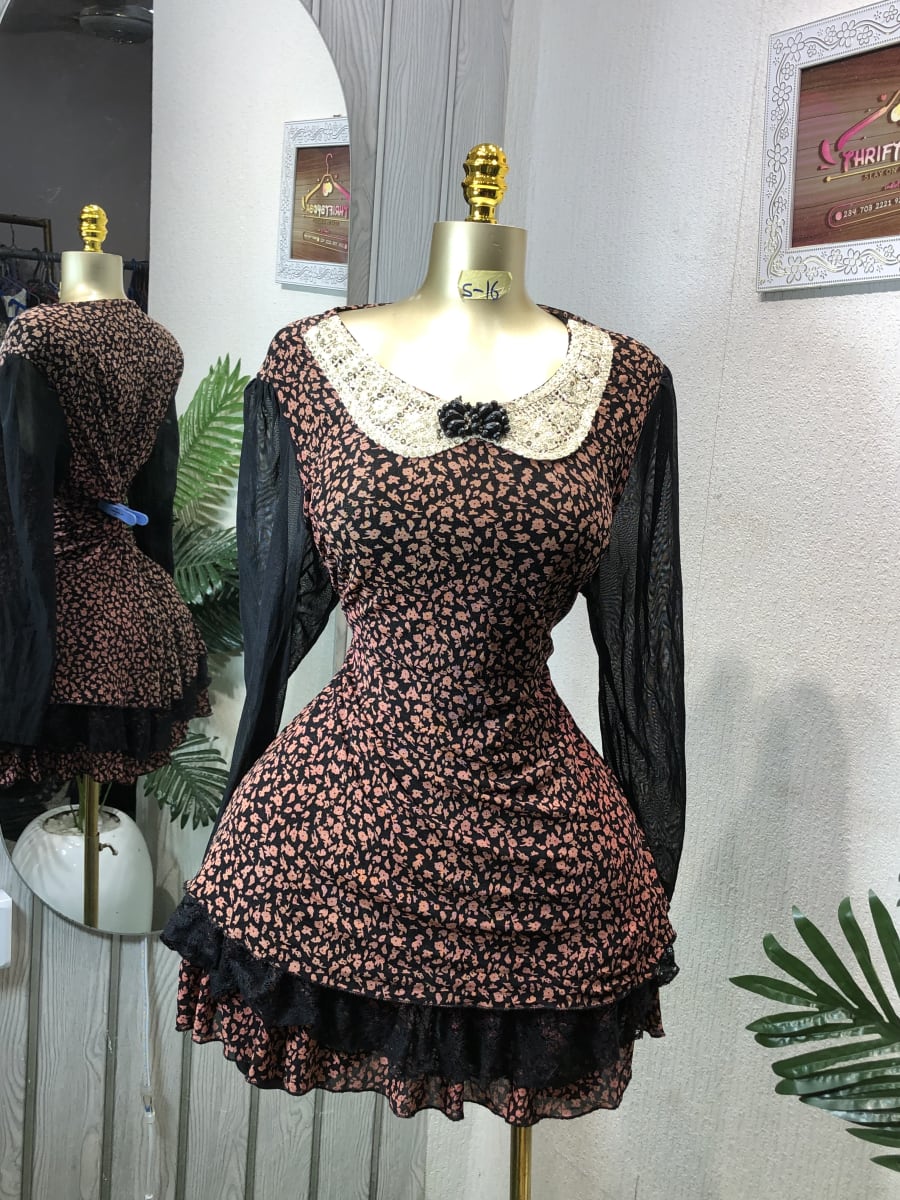 Vintage Floral Mini Dress | Sheer Sleeves & Lace Collar