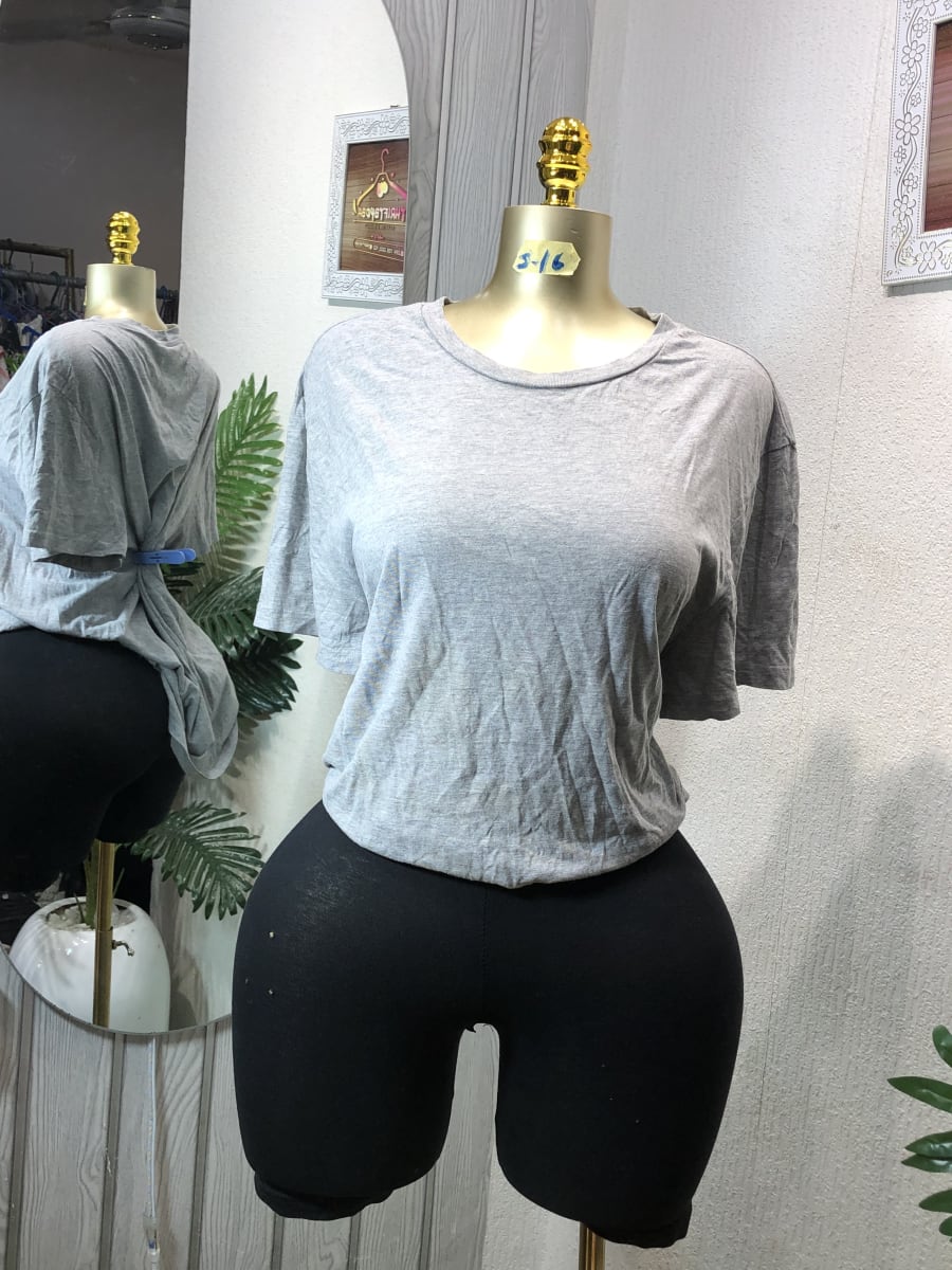 Women's Grey Casual Tee & Black Biker Shorts Set