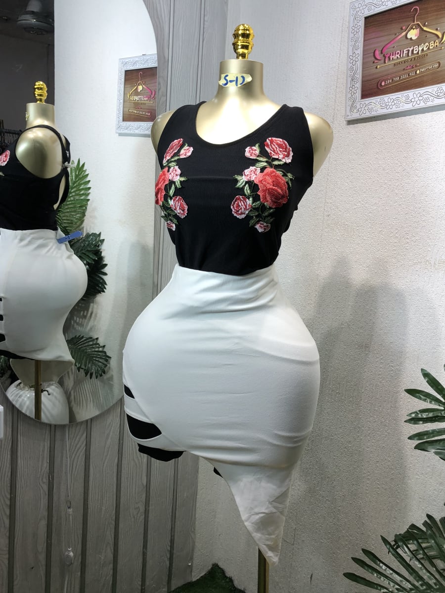 Floral Embroidered Ribbed Tank & Asymmetric Mini Skirt