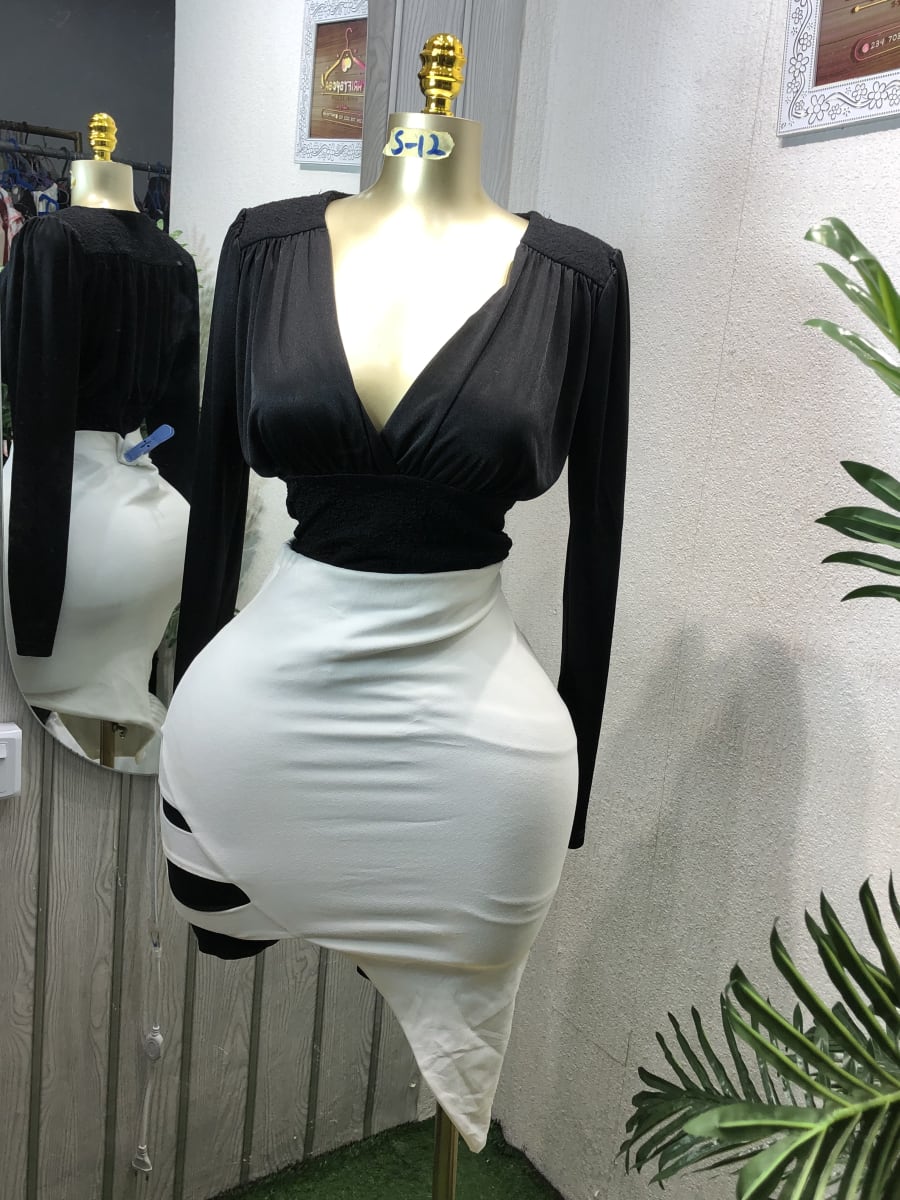 Black White Deep V-Neck Bodycon Mini Dress