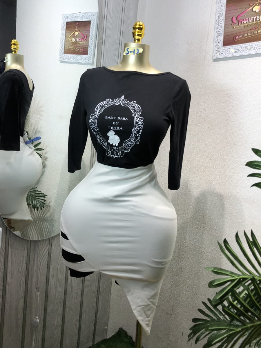 Baby Baba Graphic Black Top & White Asymmetrical Skirt Set