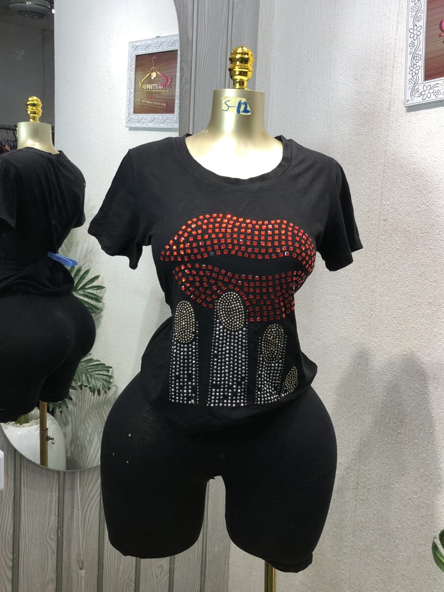 Black Rhinestone Lip & Finger Tee & Biker Shorts Set