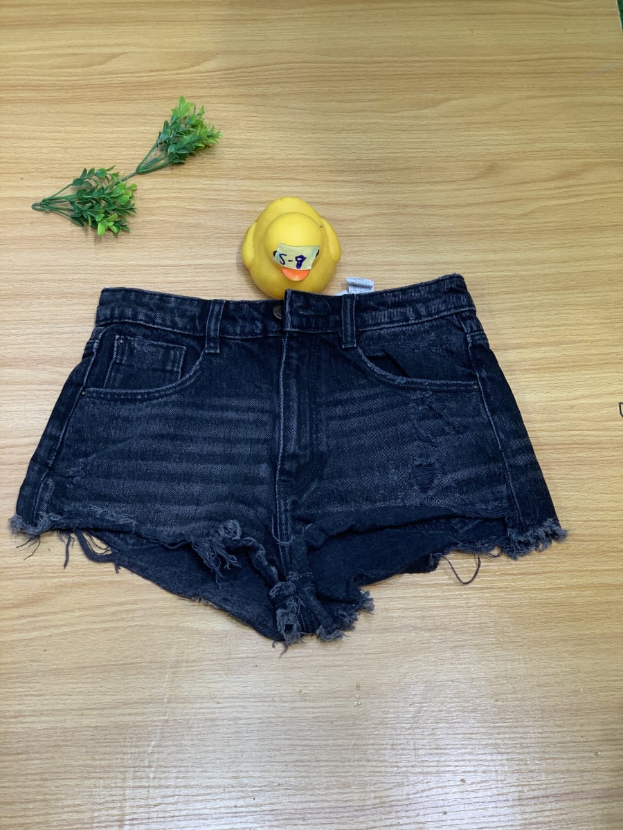 Women's Washed Black Distressed Denim Shorts - Frayed Hem