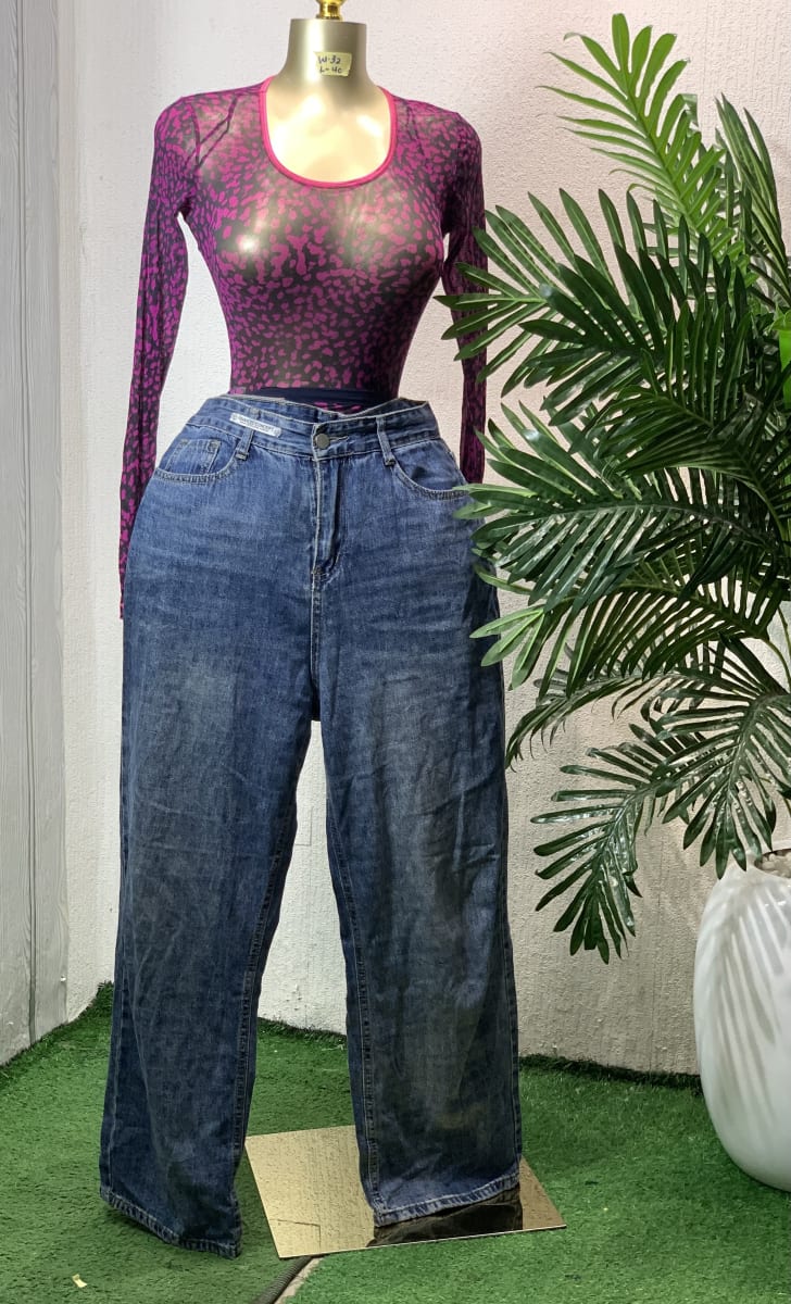 Sheer Animal Print Top & Wide Leg Jeans Set