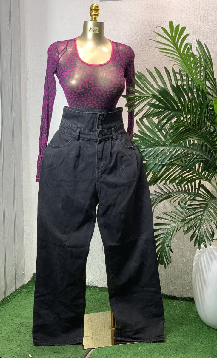 Women's High-Waist Baggy Pleated Black Denim Jeans