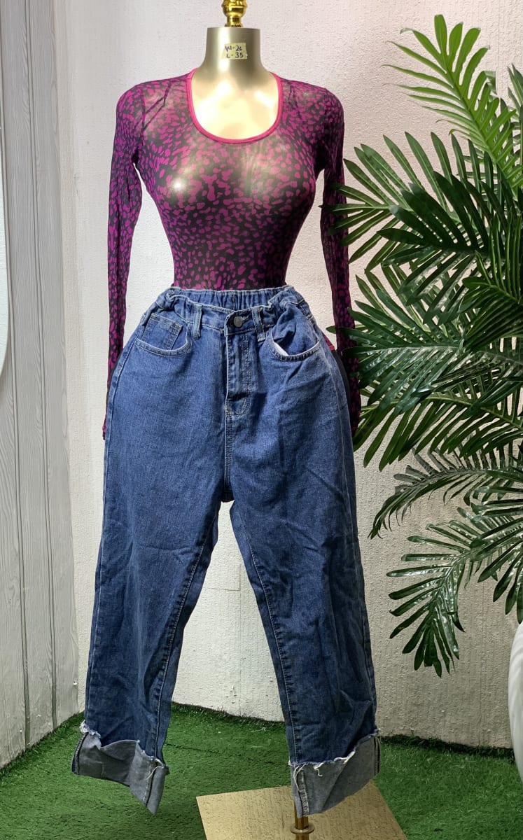 Sheer Animal Print Top & High Waist Baggy Jeans Set