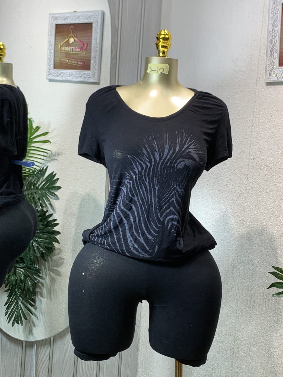 Women's Black Animal Print Tee & Bike Shorts Set