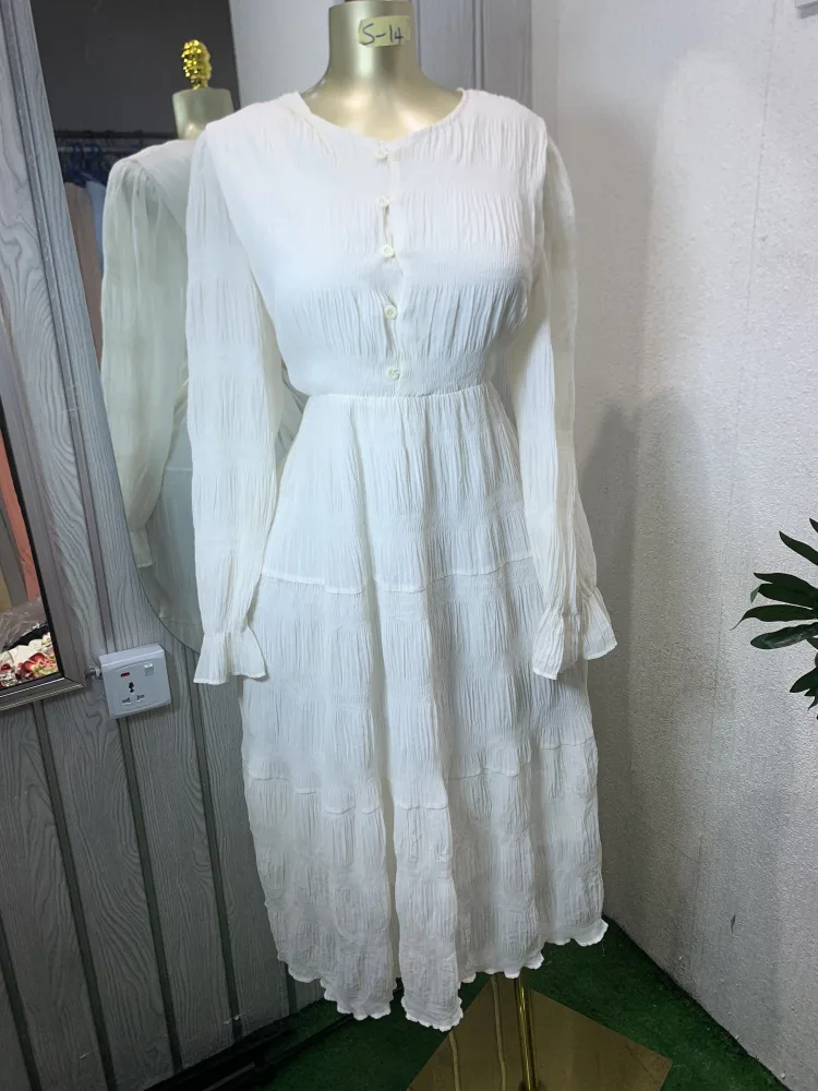 Women's White Crinkle Long Sleeve Tiered Midi Dress