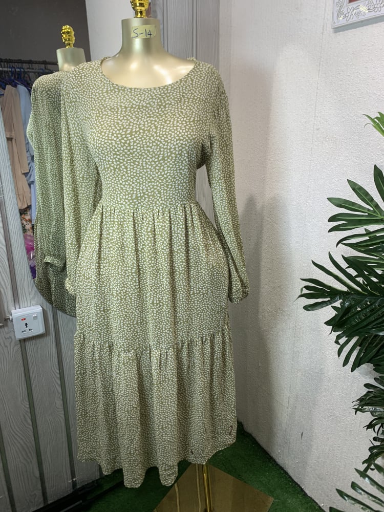 Sage Green Ditsy Print Long Sleeve Tiered Midi Dress