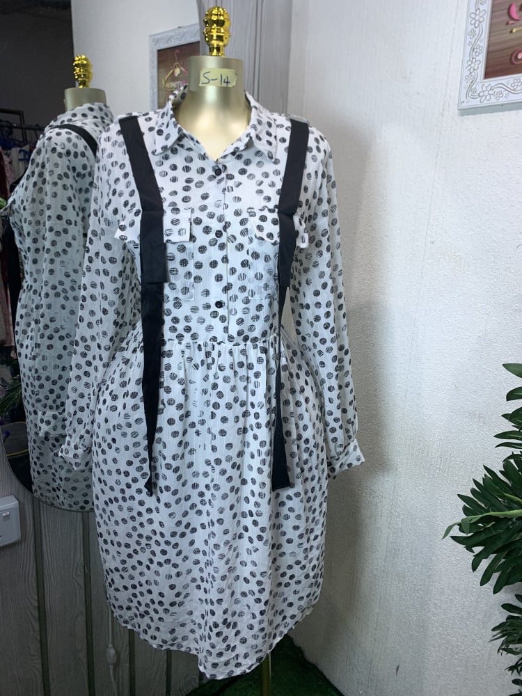 Chic Polka Dot Long Sleeve Shirtdress with Suspenders