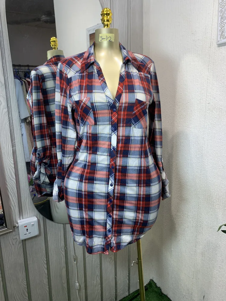 Women's Red & Blue Plaid Flannel Shirt - Long Sleeve