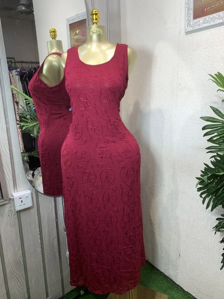 Elegant Burgundy Floral Embroidered Midi Dress