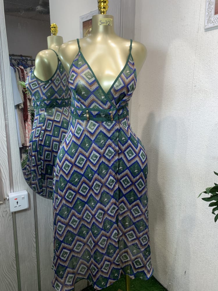 Geometric Print V-Neck Wrap Midi Dress